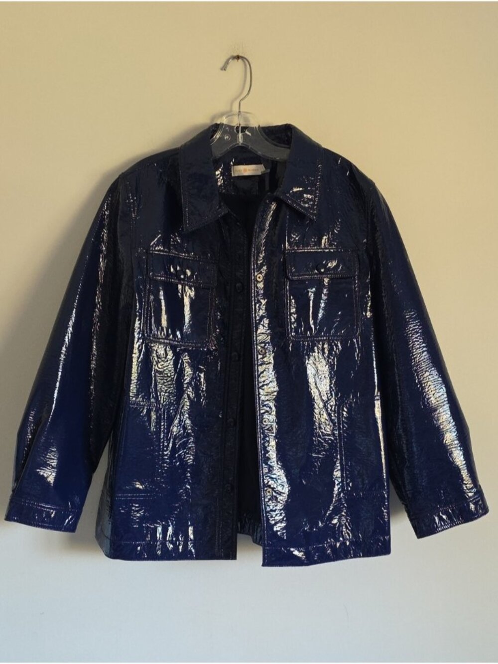 TORY BURCH | Faux Leather Shiny Jacket Navy Blue Sz 14